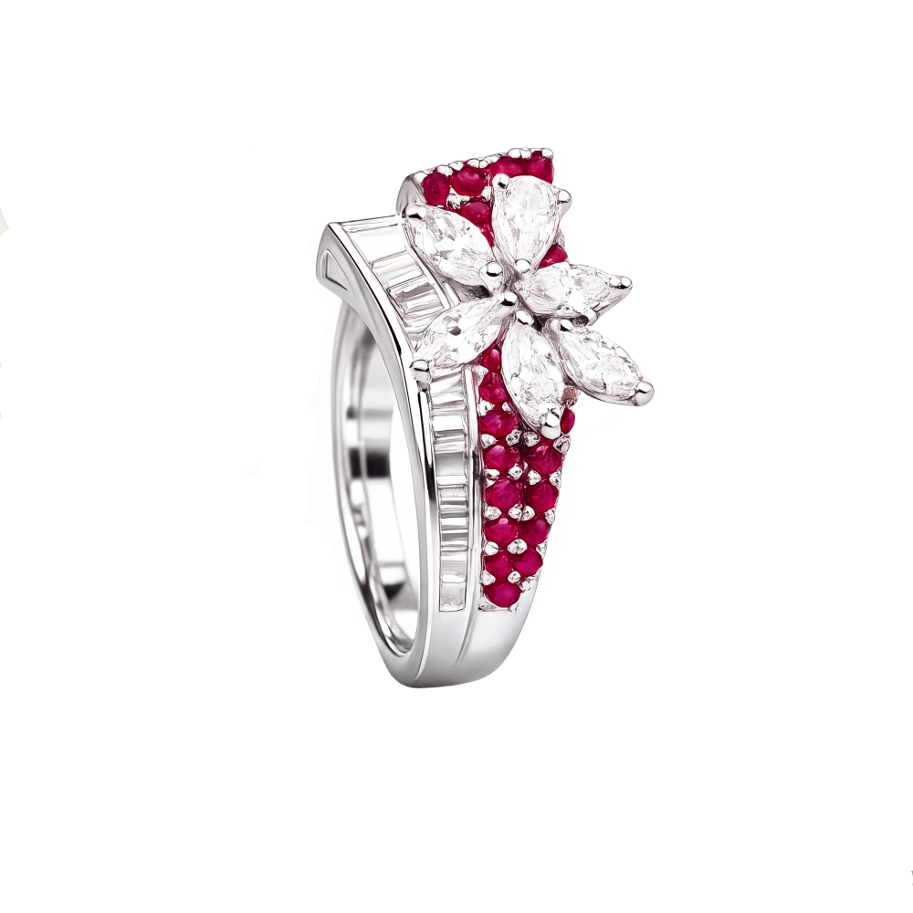 18K White Gold Diamond & Ruby Floral Ring | Luxury Statement Ring