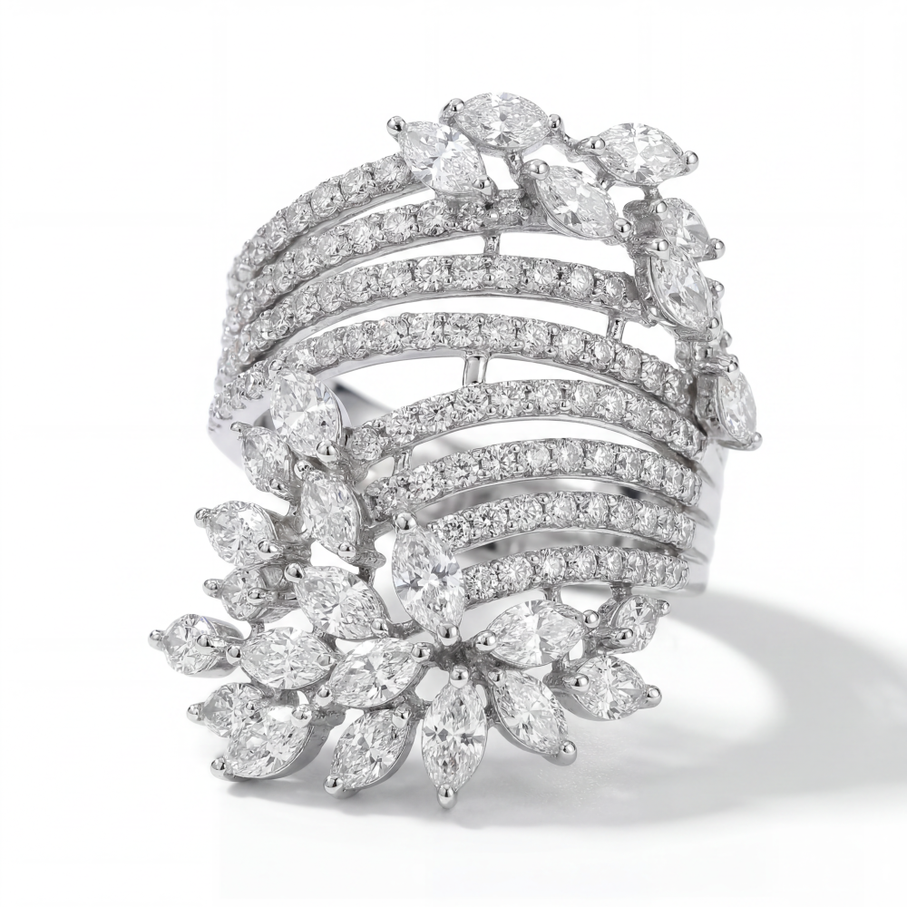 18K White Gold Floral Marquise Diamond Ring | Luxury High Jewelry Statement Ring