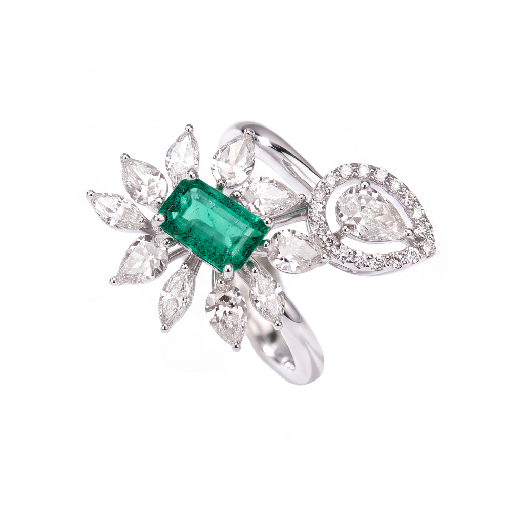 18K White Gold Emerald & Diamond Floral Ring | Luxury Designer Ring