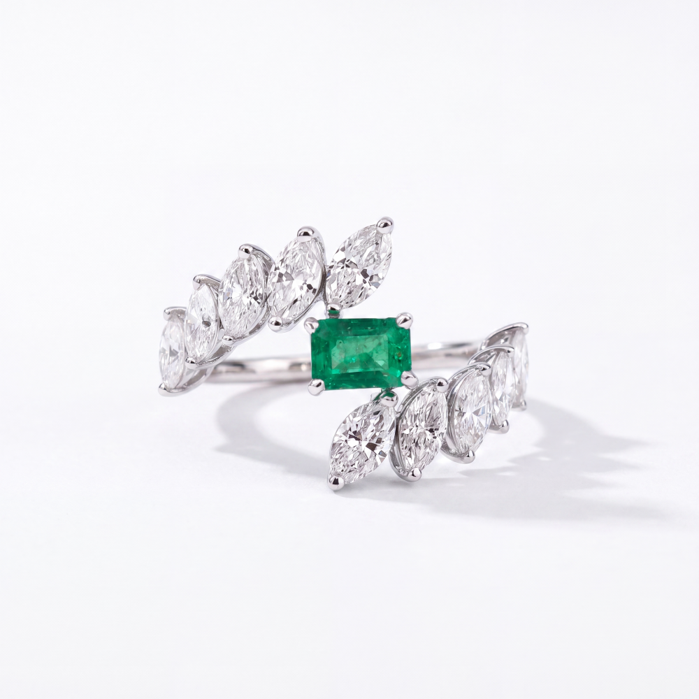 18K White Gold Emerald & Marquise Diamond Open Ring | Luxury Designer Ring