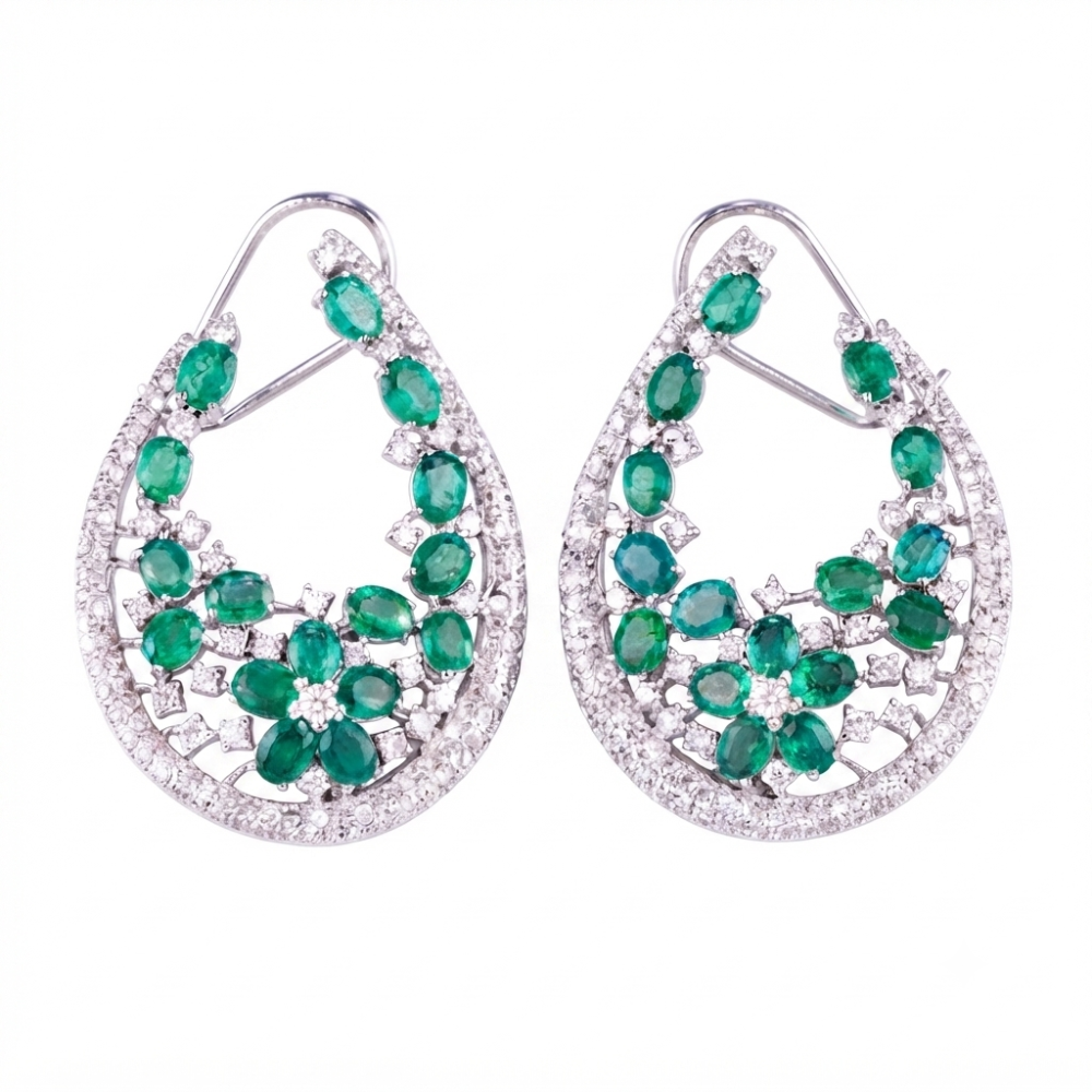 14K White Gold Emerald Blossom Hoop Earrings