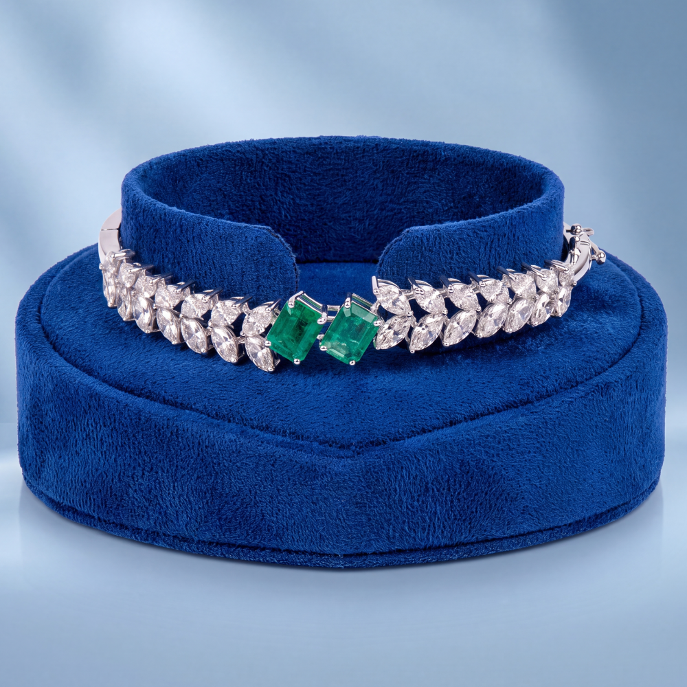 18K White Gold Emerald & Marquise Diamond Bracelet - Image 2