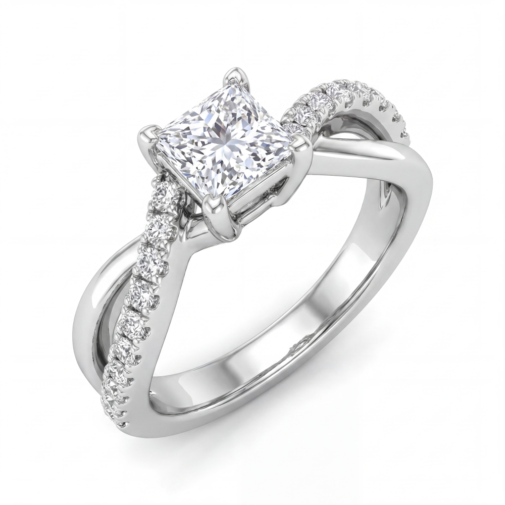 18K White Gold Princess Cut Diamond Crossover Ring