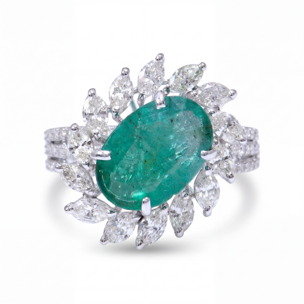 18K White Gold Diamond & Emerald Floral Halo Ring