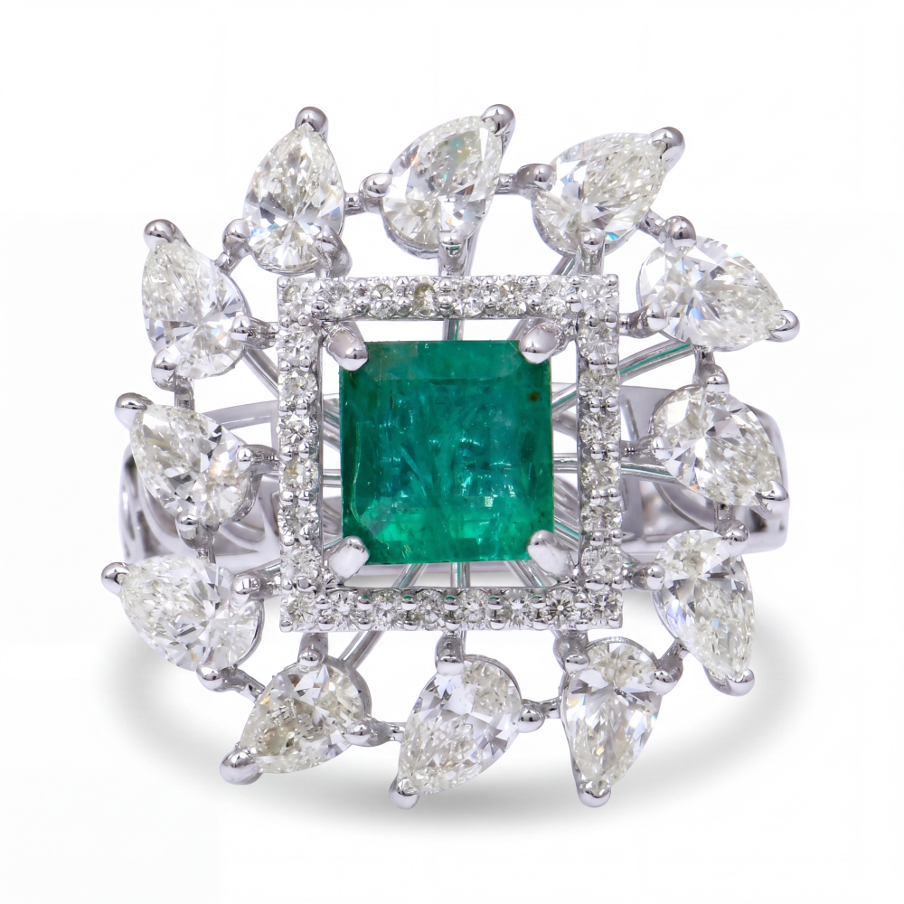 18K White Gold Emerald & Diamond Starburst Ring