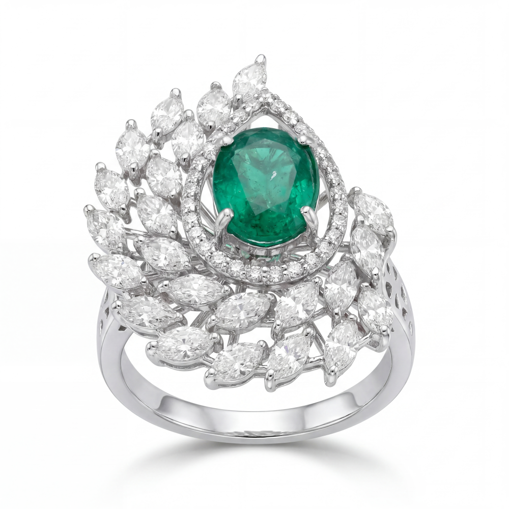 Emerald Plume Royale Ring - 18K White Gold