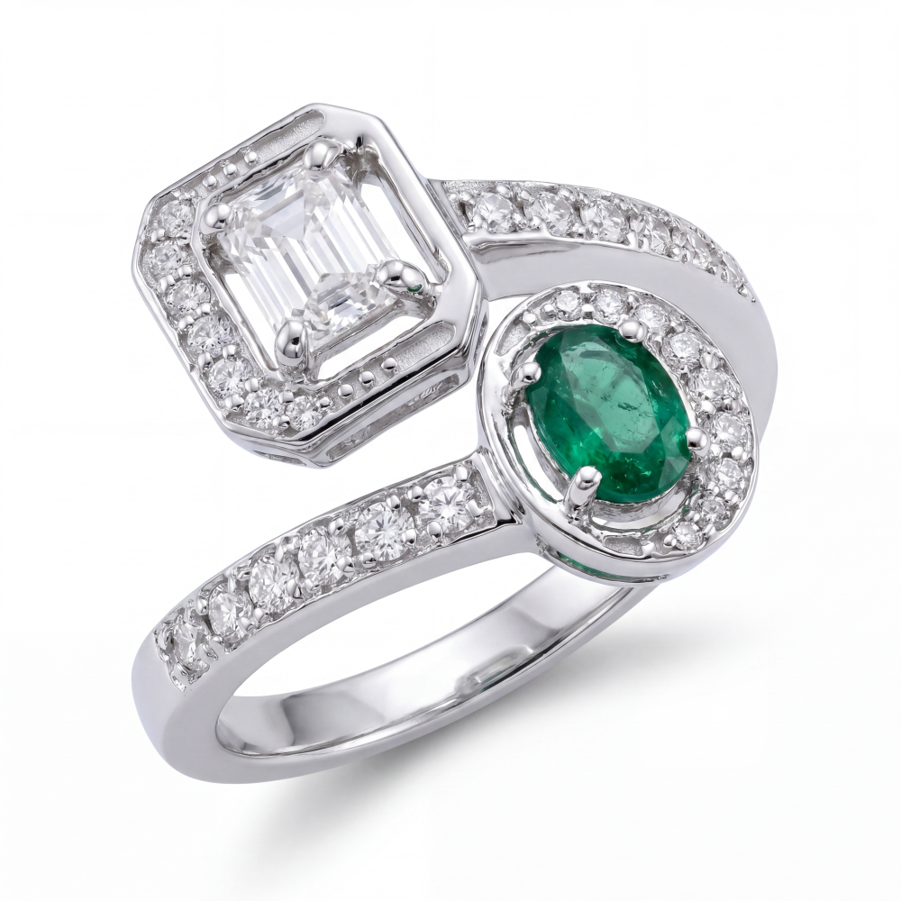 18K White Gold Emerald-Cut Diamond & Oval Emerald Halo Ring