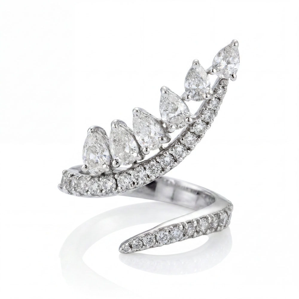14K White Gold Diamond Pear Leaf Wrap Ring