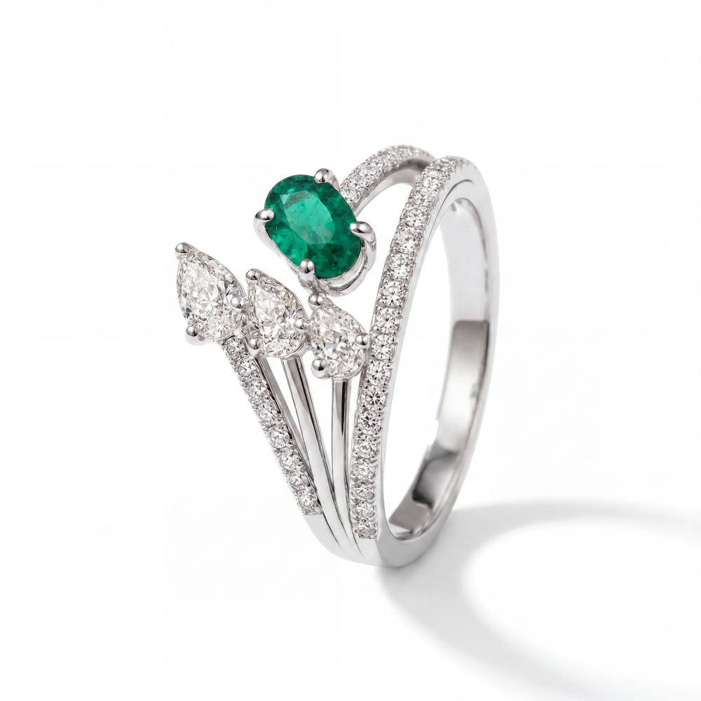 18K White Gold Emerald & Marquise Diamond Ring | Luxury Designer Statement Ring