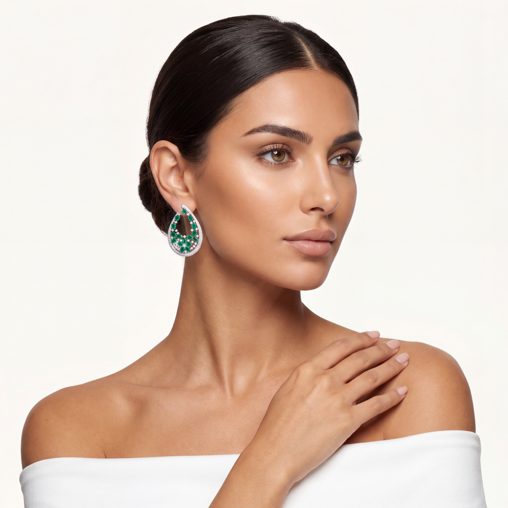 14K White Gold Emerald Blossom Hoop Earrings - Image 4