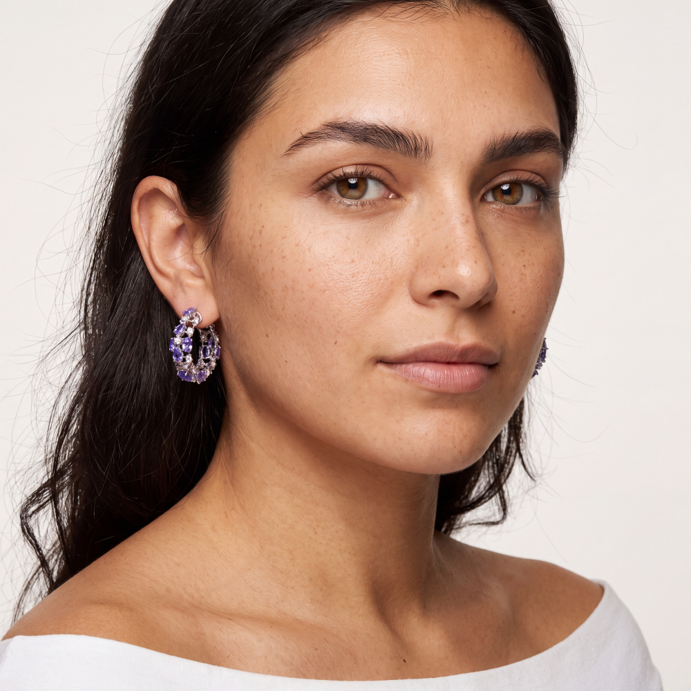 14K White Gold Tanzanite Harmony Hoop Earrings - Image 4