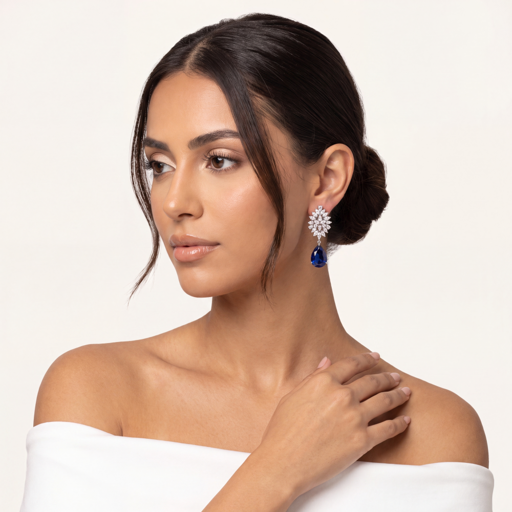 14K White Gold Sapphire Bloom Drop Earrings - Image 4
