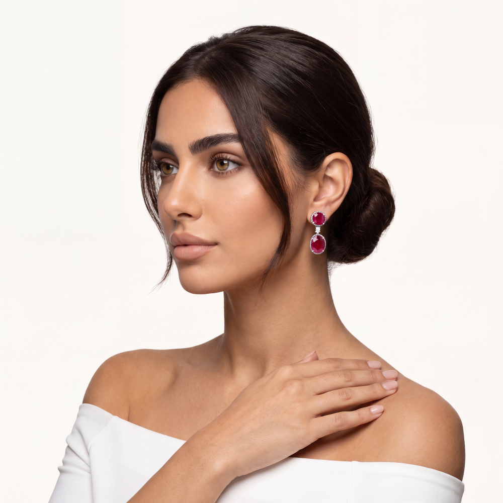 14K White Gold Ruby Halo Drop Earrings - Image 4