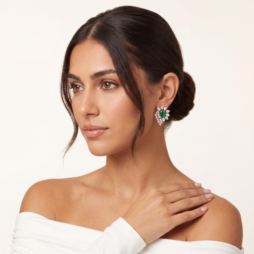 14K White Gold Emerald Bloom Stud Earrings - Image 4