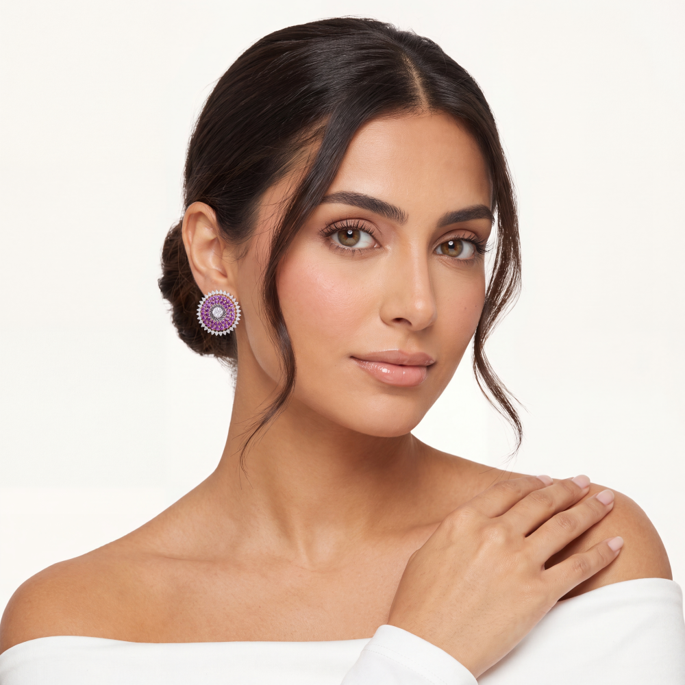 14K White Gold Amethyst Celestial Halo Stud Earrings - Image 4