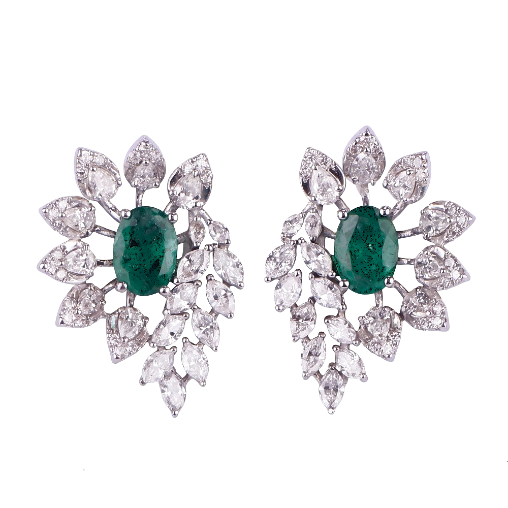 14K White Gold Emerald Bloom Stud Earrings