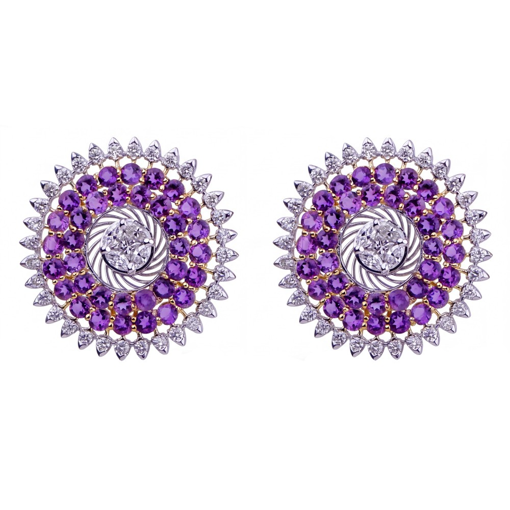 14K White Gold Amethyst Celestial Halo Stud Earrings