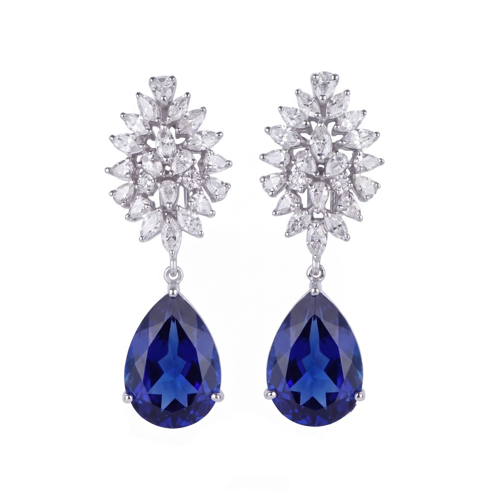 14K White Gold Sapphire Bloom Drop Earrings