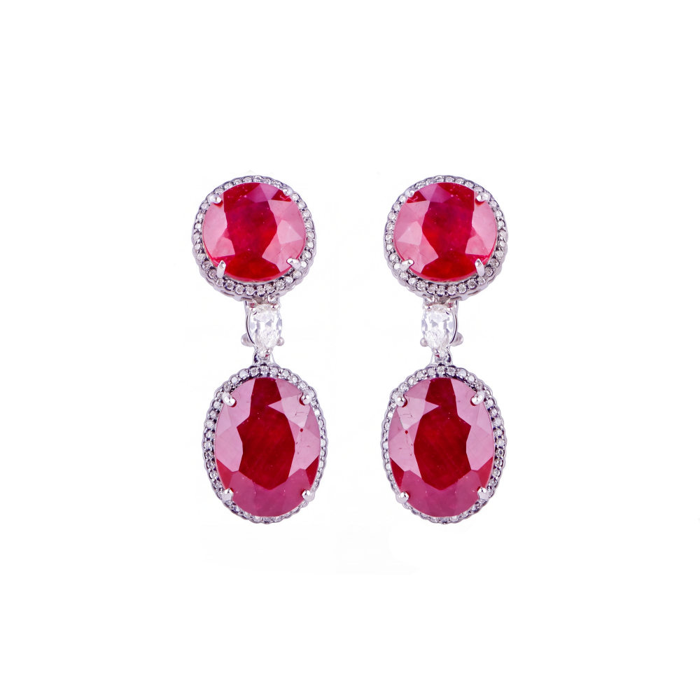 14K White Gold Ruby Halo Drop Earrings