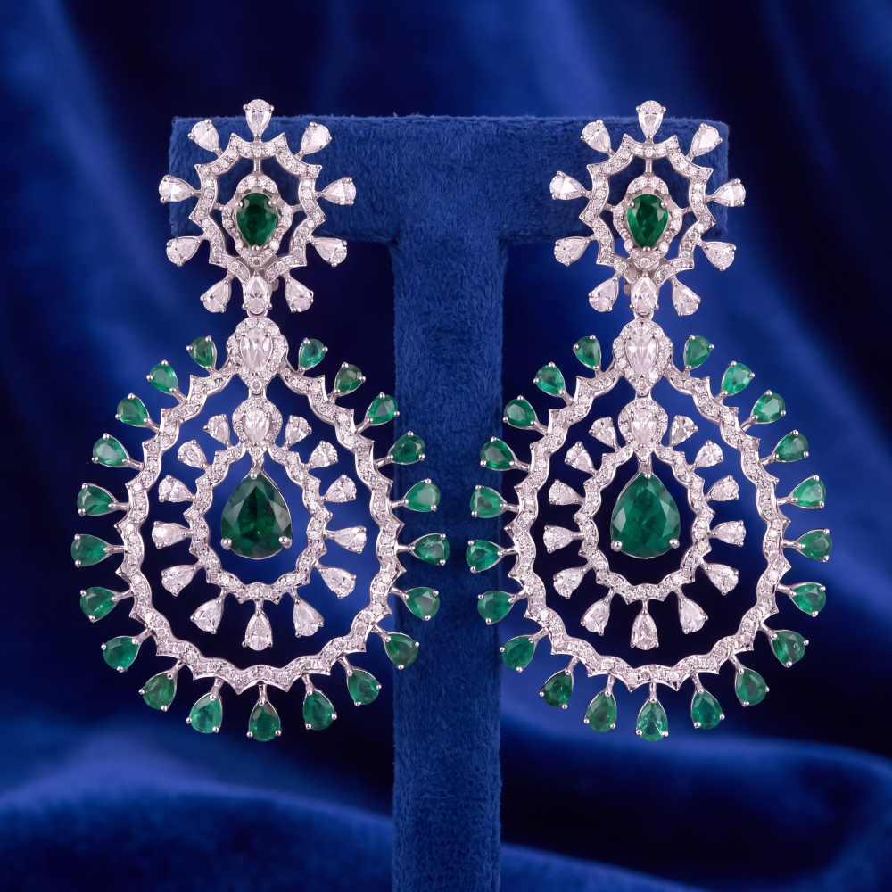 14K White Gold Emerald Radiance Chandelier Earrings - Image 3