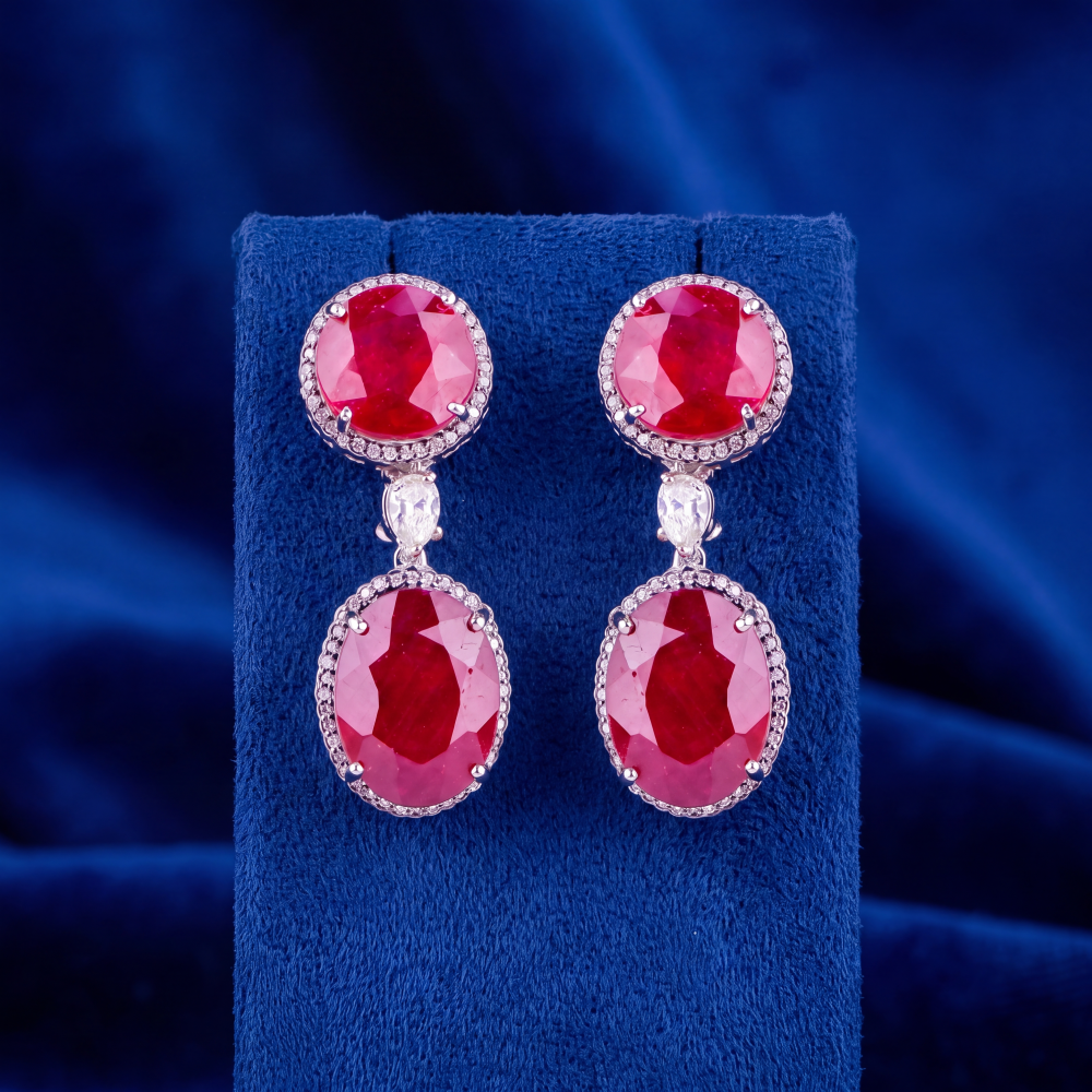 14K White Gold Ruby Halo Drop Earrings - Image 3
