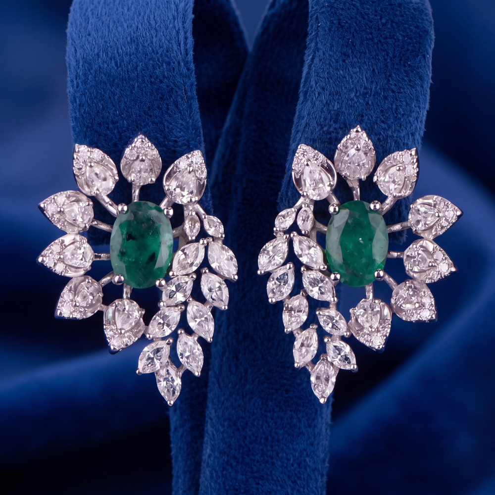14K White Gold Emerald Bloom Stud Earrings - Image 3