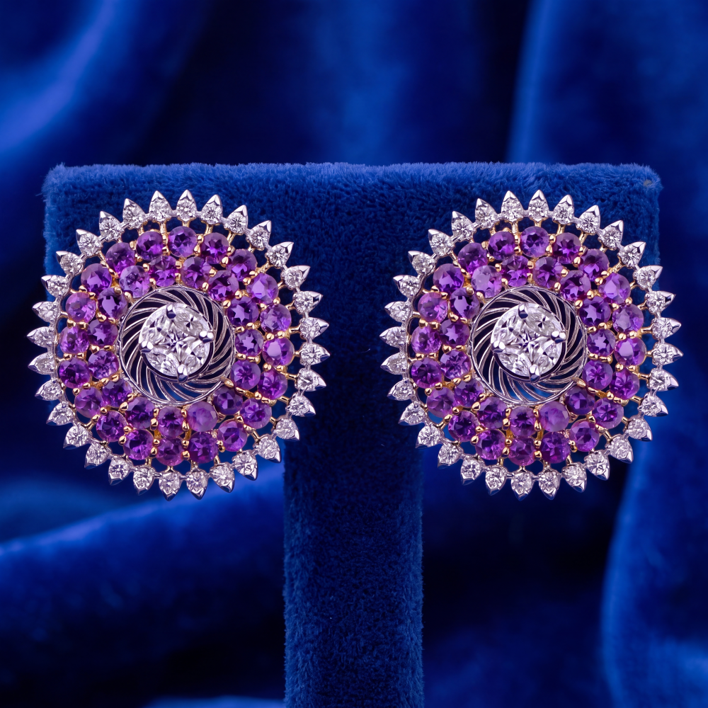14K White Gold Amethyst Celestial Halo Stud Earrings - Image 3