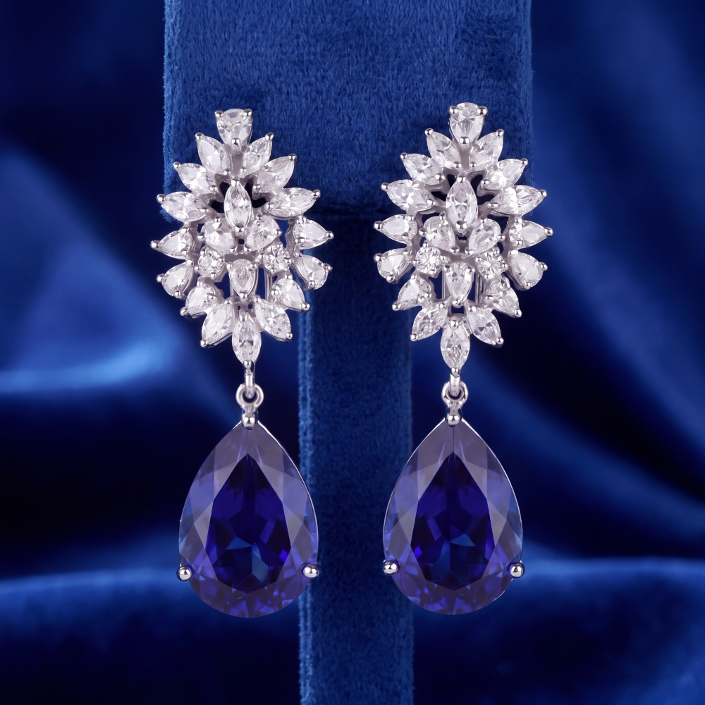 14K White Gold Sapphire Bloom Drop Earrings - Image 3
