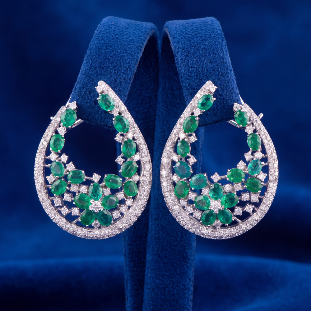 14K White Gold Emerald Blossom Hoop Earrings - Image 3