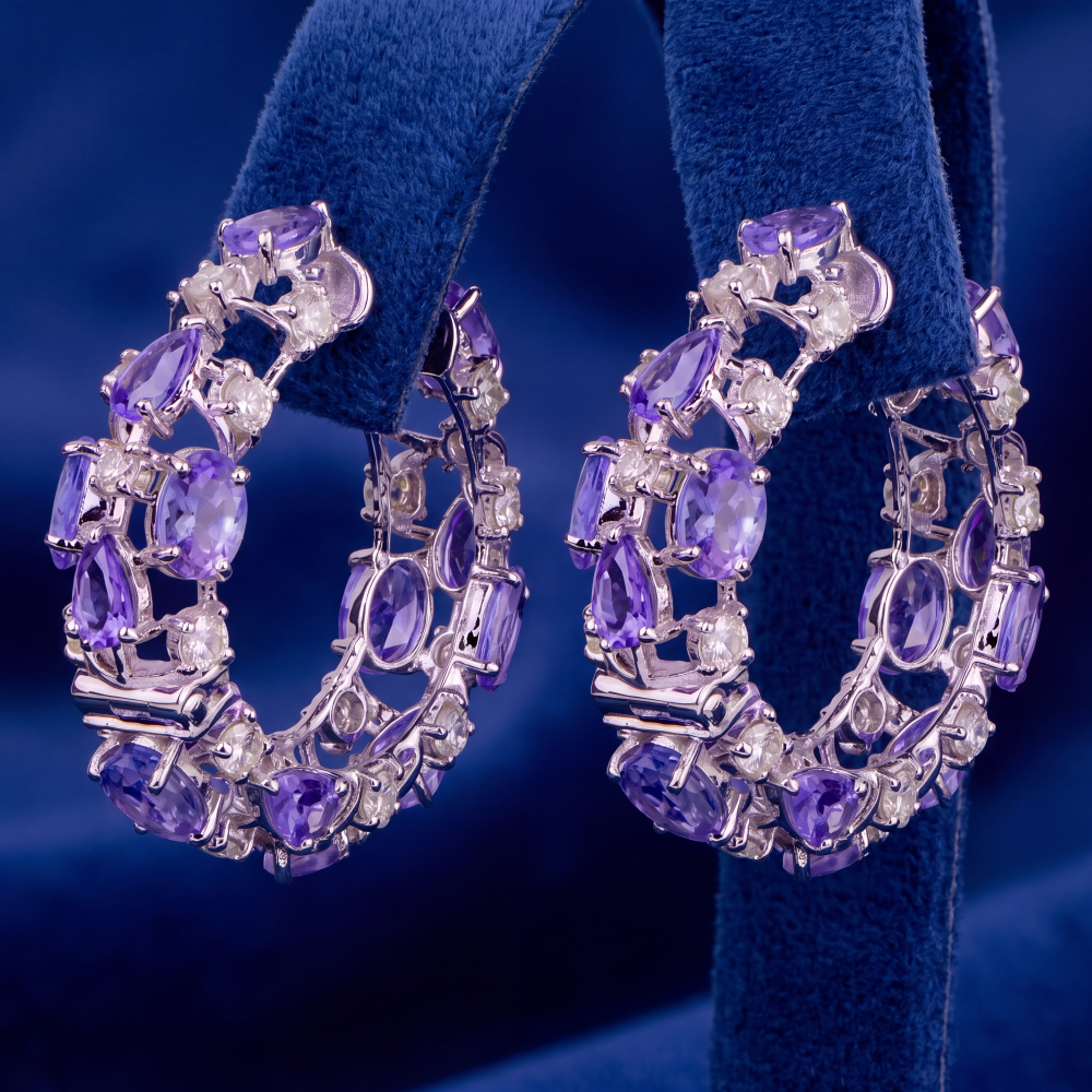 14K White Gold Tanzanite Harmony Hoop Earrings - Image 3