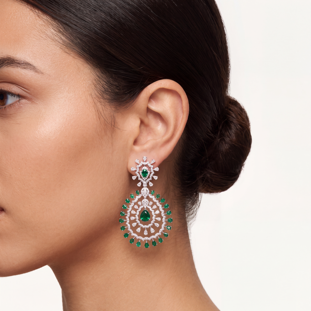 14K White Gold Emerald Radiance Chandelier Earrings - Image 2