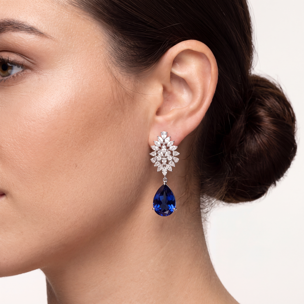 14K White Gold Sapphire Bloom Drop Earrings - Image 2