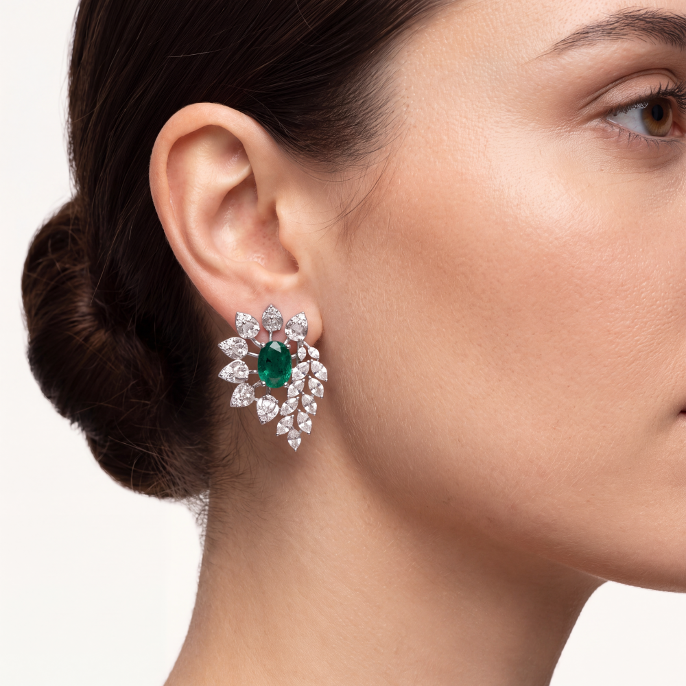 14K White Gold Emerald Bloom Stud Earrings - Image 2