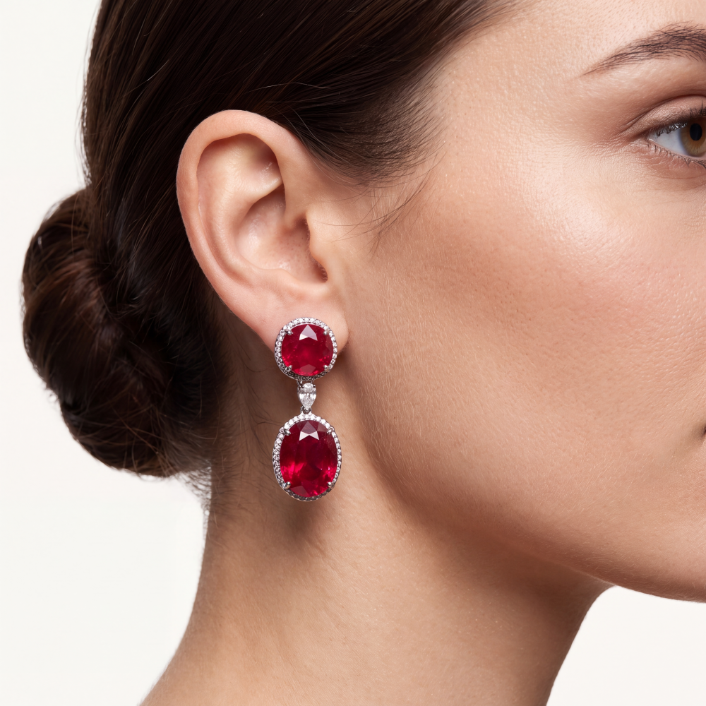 14K White Gold Ruby Halo Drop Earrings - Image 2