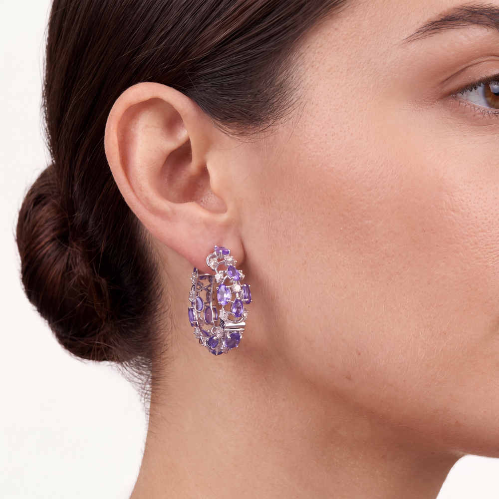 14K White Gold Tanzanite Harmony Hoop Earrings - Image 2