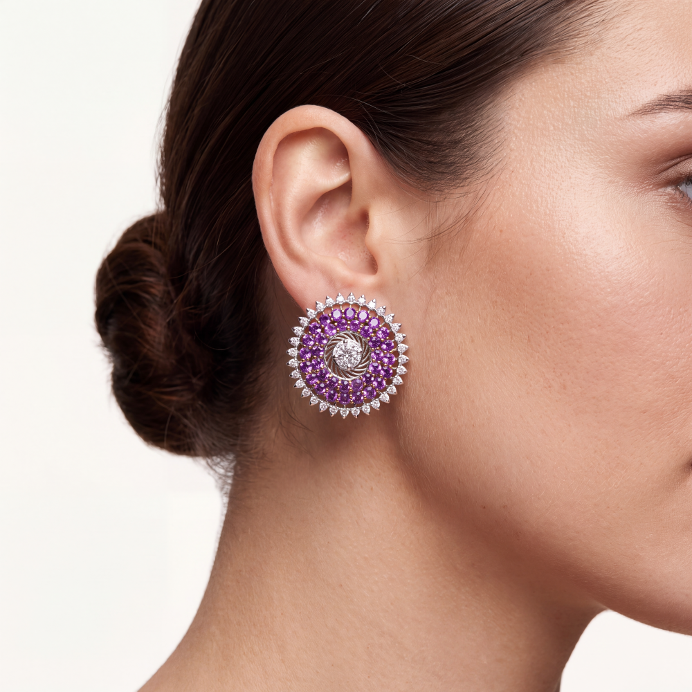 14K White Gold Amethyst Celestial Halo Stud Earrings - Image 2