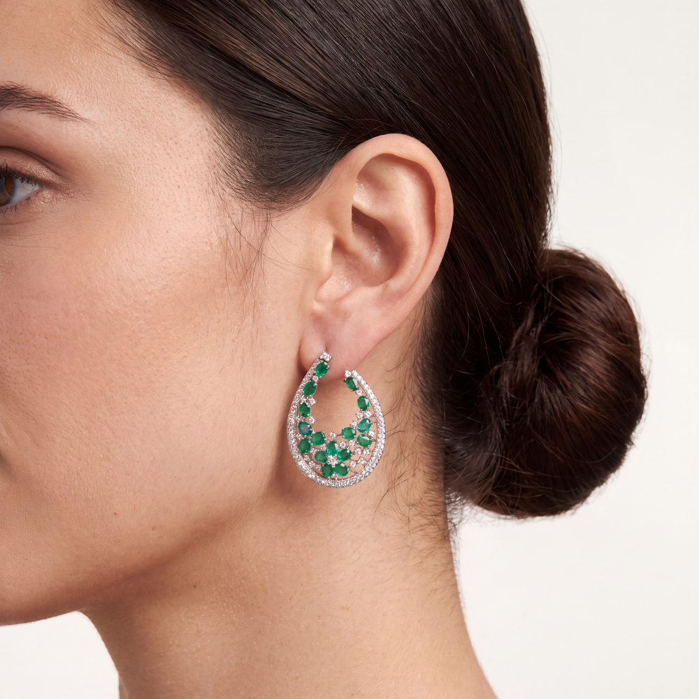 14K White Gold Emerald Blossom Hoop Earrings - Image 2
