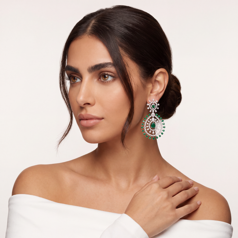 14K White Gold Emerald Radiance Chandelier Earrings - Image 4